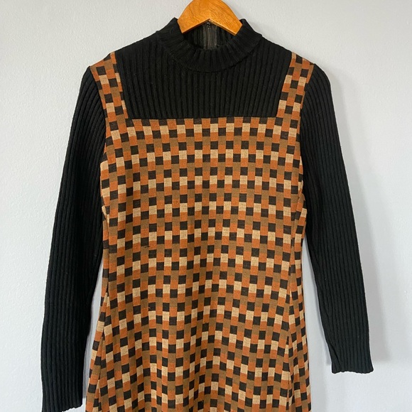 Vintage 70s Jay Kobrin Brown & Black Checkered Mock Neck Long Sleeve Dress 10 - Picture 3 of 10
